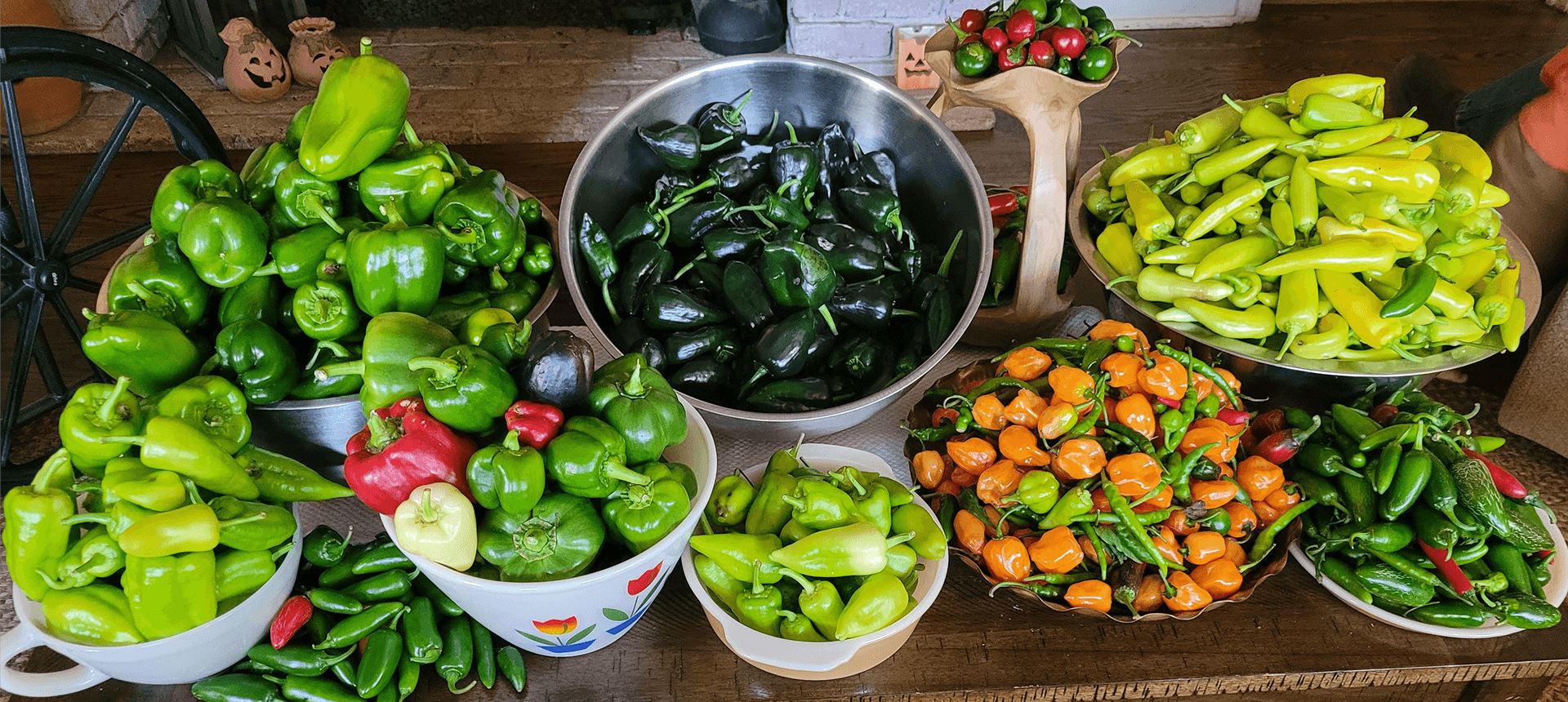 Assorted colorful peppers displayed in bowls.